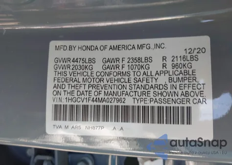 2021 Honda Accord Sport Special Edition z USA, uszkodzony, nr VIN 1HGCV1F44MA027962